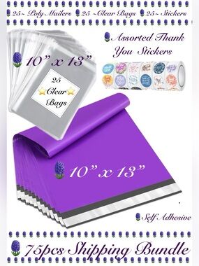 75pc Shipping Package, 25-purple Poly Mailers 25-Clear Bags, 25-TY Stickers⭐️🆕⭐️